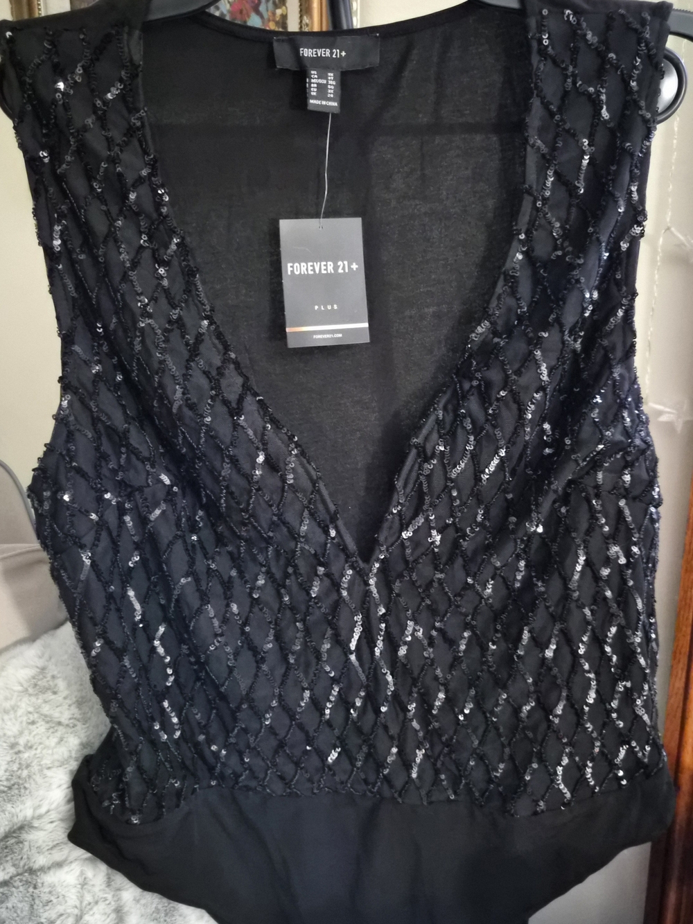 Forever 21 Black Sequin Sleeveless V-Neck Bodysuit